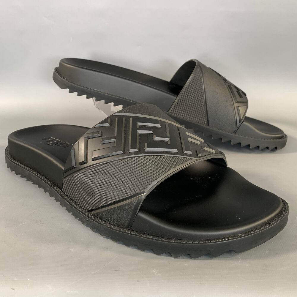 FENDI Size 12 Black Monogram Rubber Slide Sandals